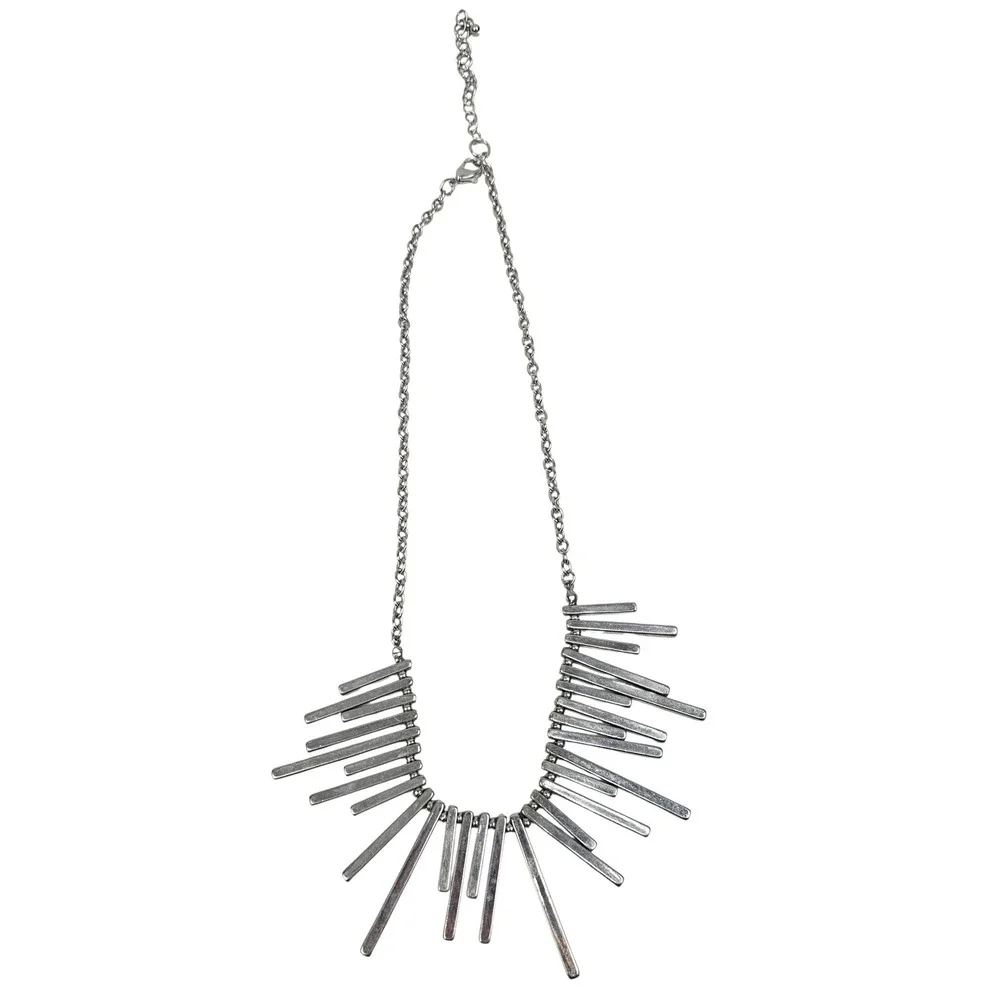 Silver Tone Modernist Necklace Set Textured Oval Pendant & Fringe Sunburst Bar